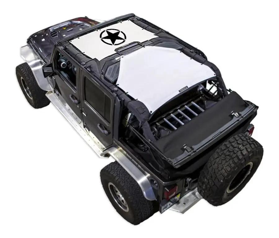 Sun shade top for Jeep Wrangler JKU 4-Door (2007–2017) by SpiderWebShade; white printed shade with black star logo
