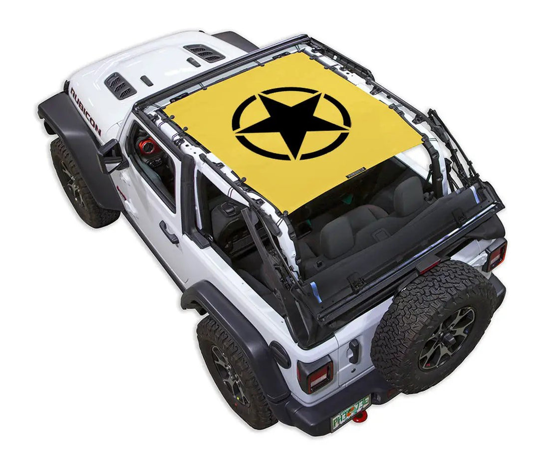 SpiderWebShade sun shade top for Jeep Wrangler JL 2-Door; yellow printed shade with black compass-star logo.
