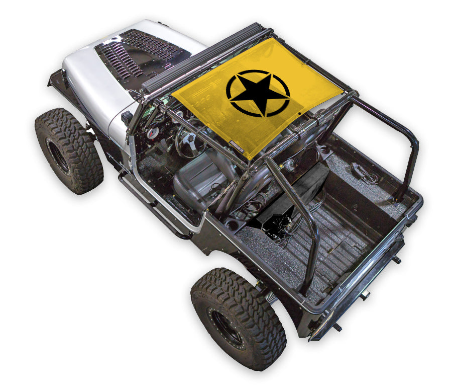 Sun shade SpiderWebShade for Jeep Wrangler YJ, yellow printed top with black star emblem