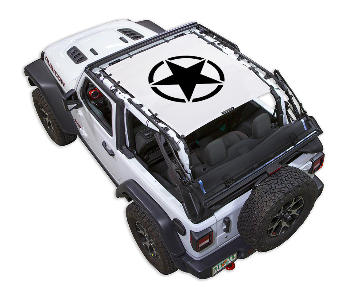 Sun shade top for Jeep Wrangler JL 2-Door by SpiderWebShade, white with black star print