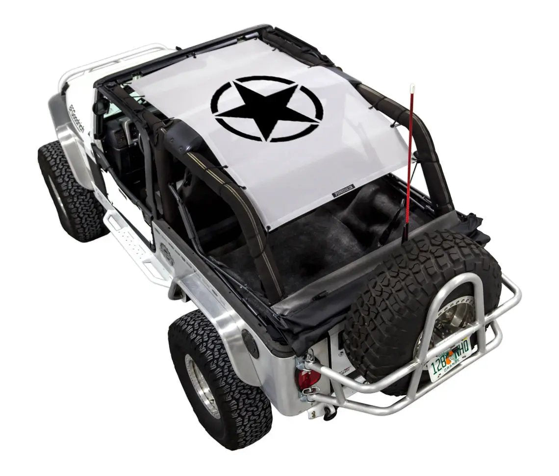 Sun Shade top for Jeep Wrangler LJ (2004–2006) by SpiderWebShade; white with black star logo