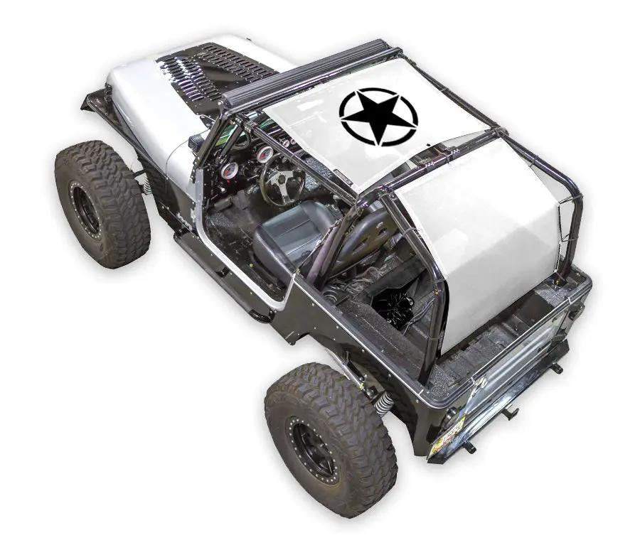 Sun Shade by SPIDERWEBSHADE for Jeep Wrangler YJ (1987–1996); silver shade top with printed star logo.
