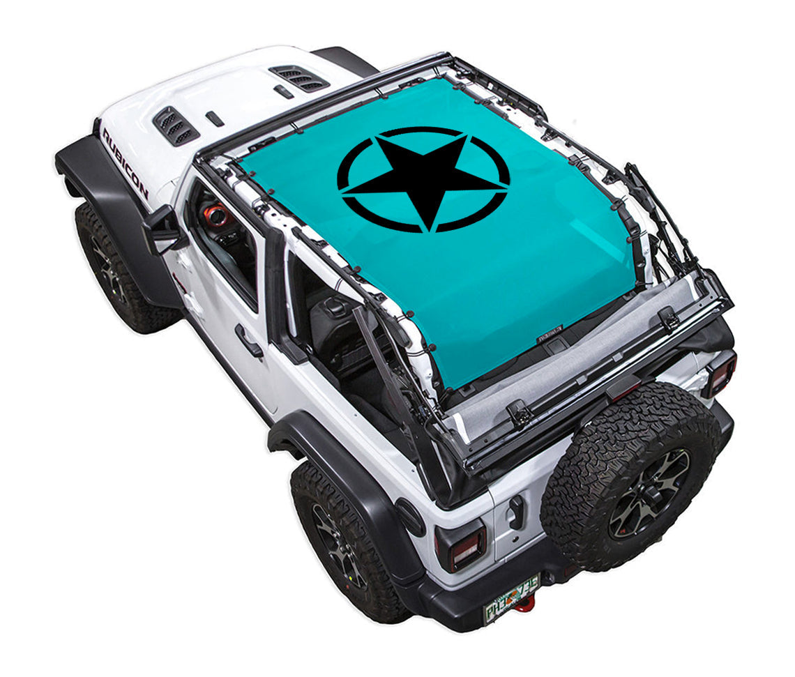 Sun shade for Jeep Wrangler JL 2-Door; turquoise printed top with black star in circle emblem