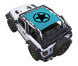 Sun shade for Jeep Wrangler JL 2-Door by SPIDERWEBSHADE; blue stock printed shade top with black star emblem