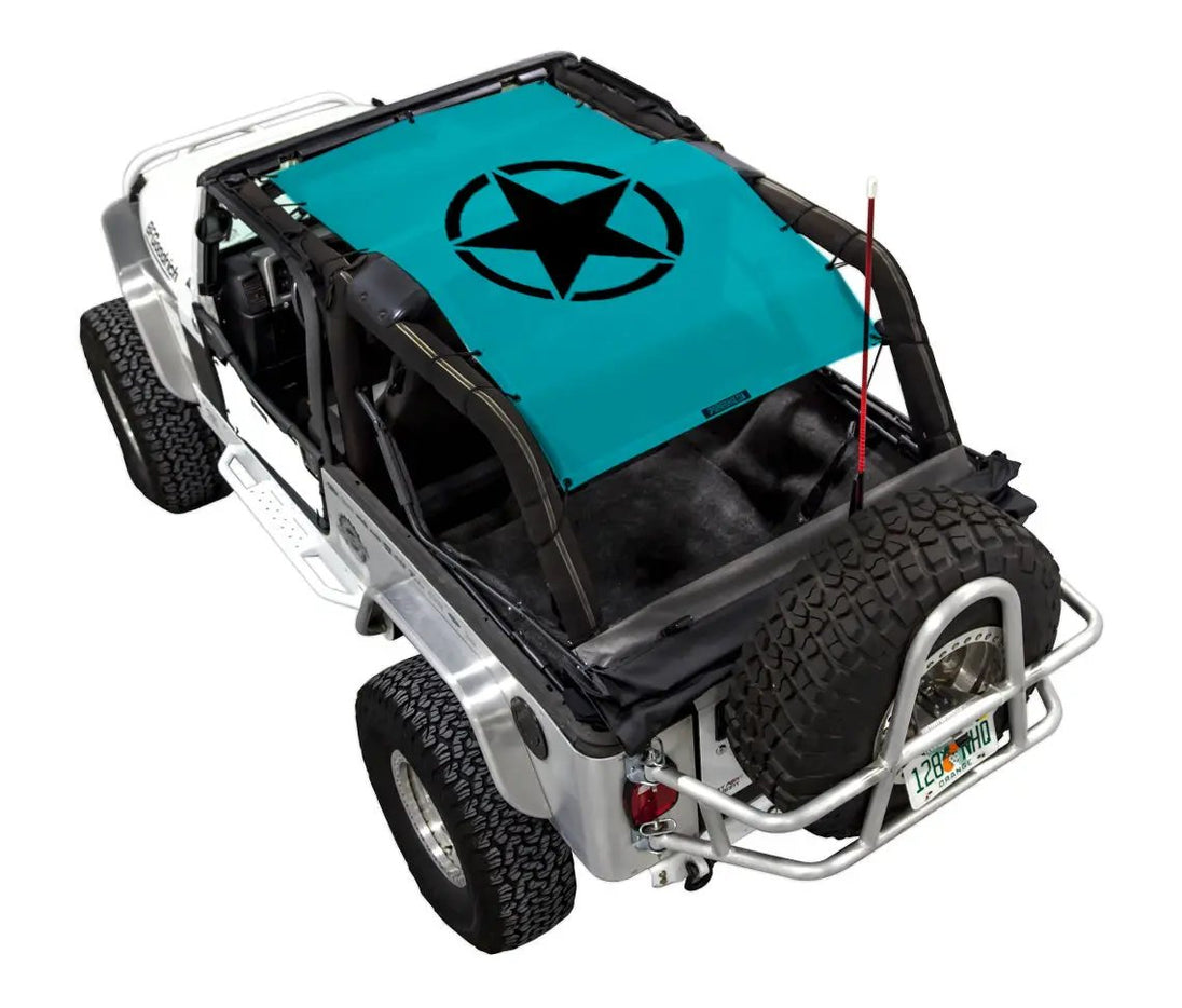 Sun shade for Jeep Wrangler LJ (2004–2006) by SpiderWebShade, teal with black star print