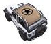 Sun shade for Jeep Wrangler JL 2-Door by SpiderWebShade, stock printed tan shade top with black star logo