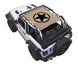 Sun shade for Jeep Wrangler JL 2-Door by SpiderWebShade, tan stock printed shade top with black star logo