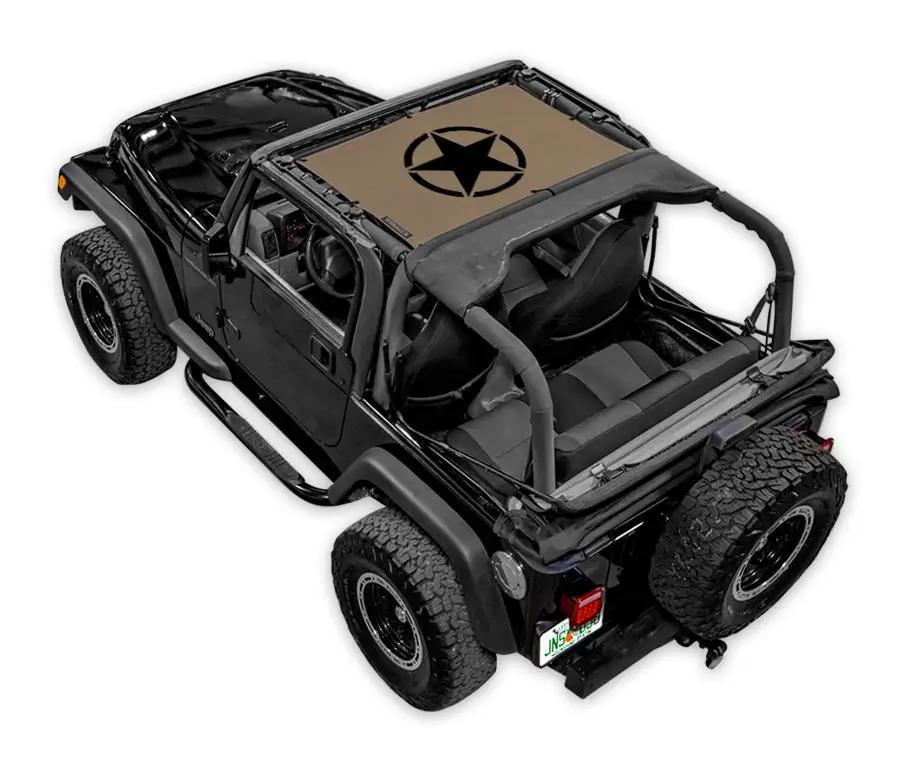 SPIDERWEBSHADE sun shade top for Jeep Wrangler TJ (1997–2006), tan printed shade with star emblem