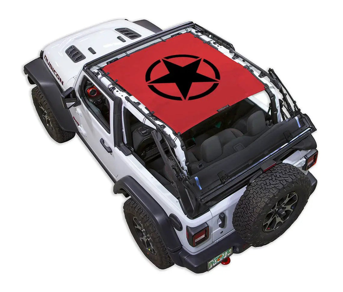 Sun shade SpiderWebShade for Jeep Wrangler JL 2-Door, red stock-print shade top with black star logo.