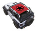 Sun shade SpiderWebShade for Jeep Wrangler JL 2-Door, red stock-print shade top with black star logo.