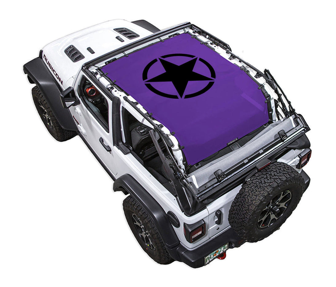 Sun shade for Jeep Wrangler JL 2-Door by SpiderWebShade, purple printed top with black star logo