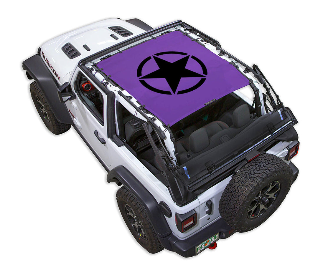 Sun shade for Jeep Wrangler JL 2-Door by SPIDERWEBSHADE; purple printed top with black star logo.