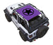 Sun shade for Jeep Wrangler JL 2-Door by SPIDERWEBSHADE; purple printed top with black star logo.