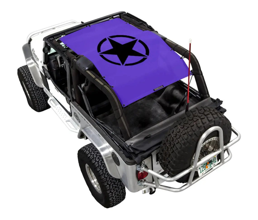 Sun Shade for Jeep Wrangler LJ (2004–2006) by SPIDERWEBSHADE; purple shade with black logo.