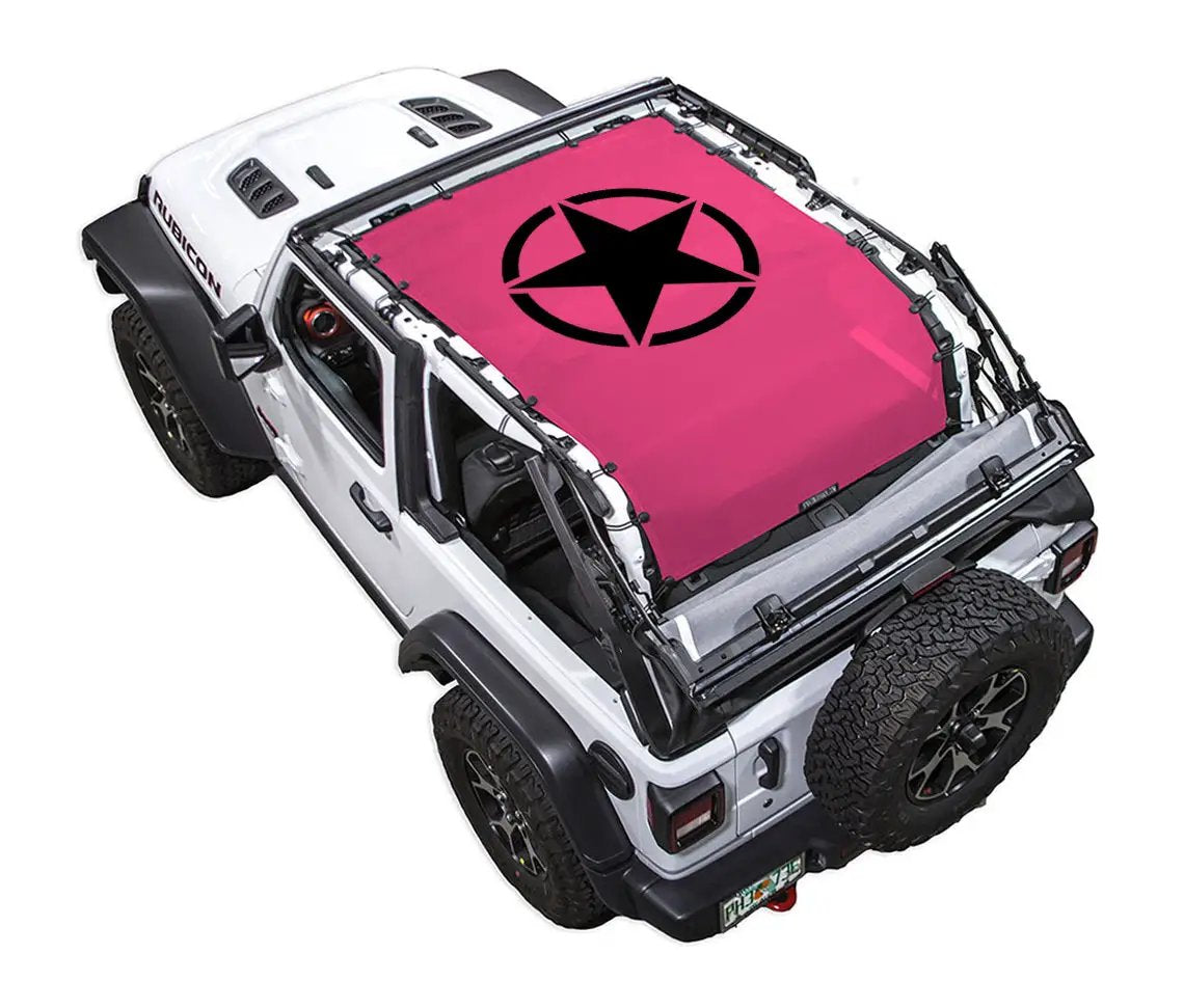 Sun shade for Jeep Wrangler JL 2-Door by SPIDERWEBSHADE, pink printed shade with black star logo