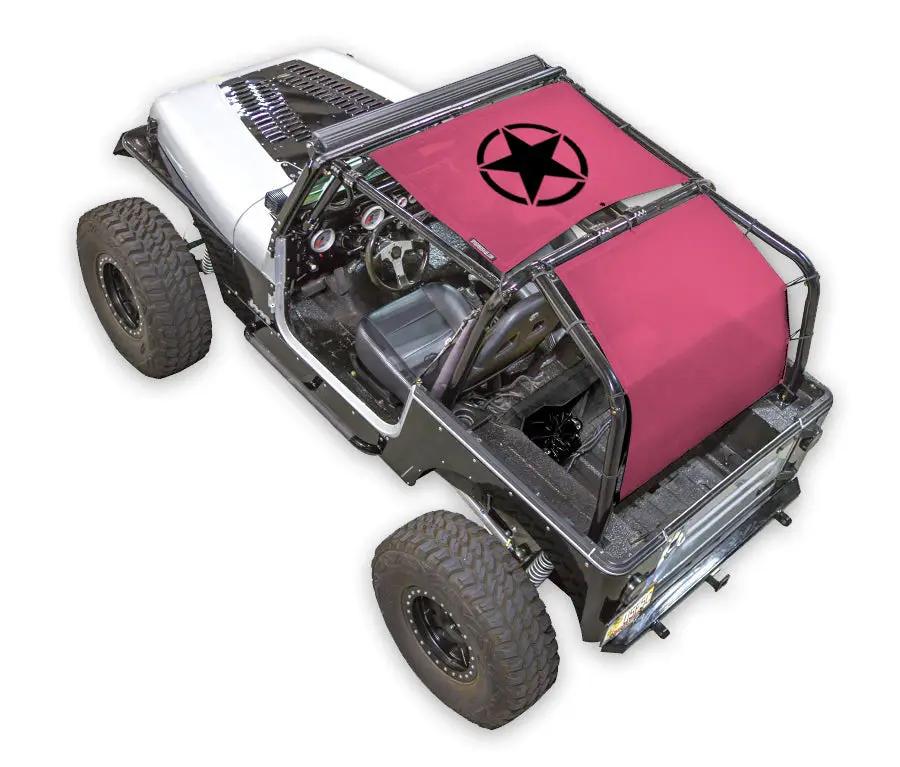 Jeep Wrangler YJ sun shade, pink stock print with black star emblem by SpiderWebShade