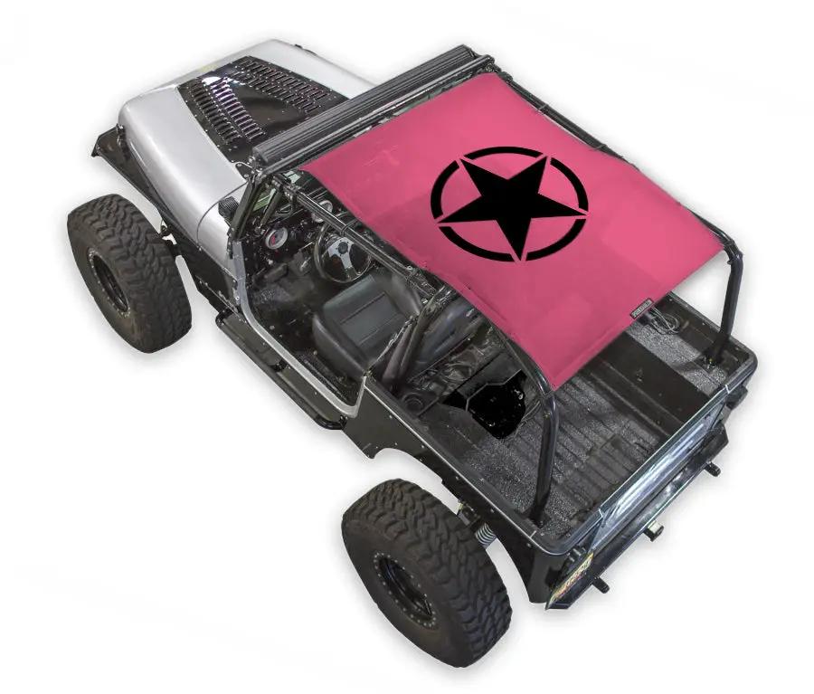 Sun shade for Jeep Wrangler YJ SPIDERWEBSHADE pink stock print with black star logo