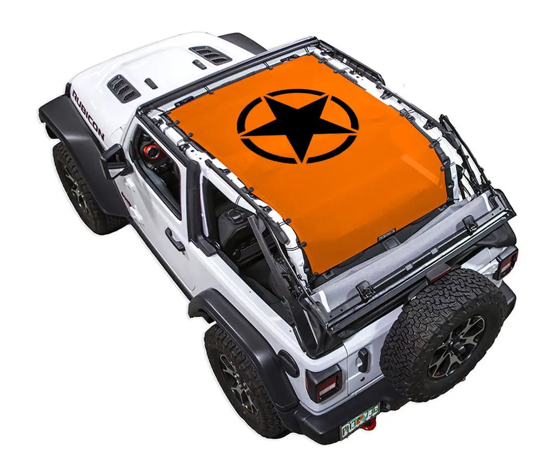 Sun shade for Jeep Wrangler JL 2-Door by SpiderWebShade, orange stock-printed shade top with black star logo.