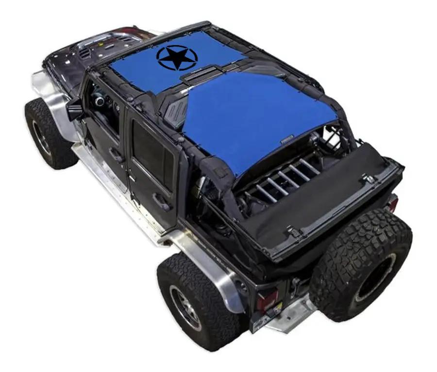 Sun shade for Jeep Wrangler JKU 4-Door by SpiderWebShade, blue stock printed shade top with black trim