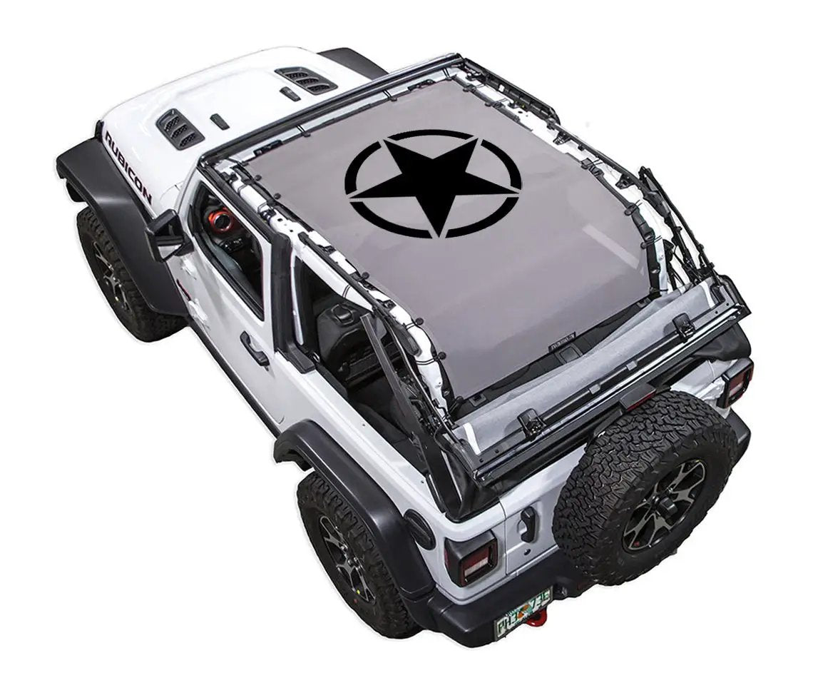 Sun Shade by SPIDERWEBSHADE for Jeep Wrangler JL 2-Door, gray printed top with black star logo