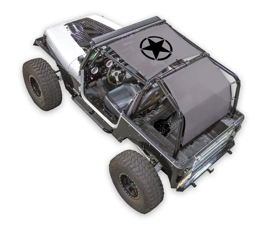Sun shade top for Jeep Wrangler YJ (1987–1996) by SPIDERWEBSHADE with printed gray fabric and black star logo