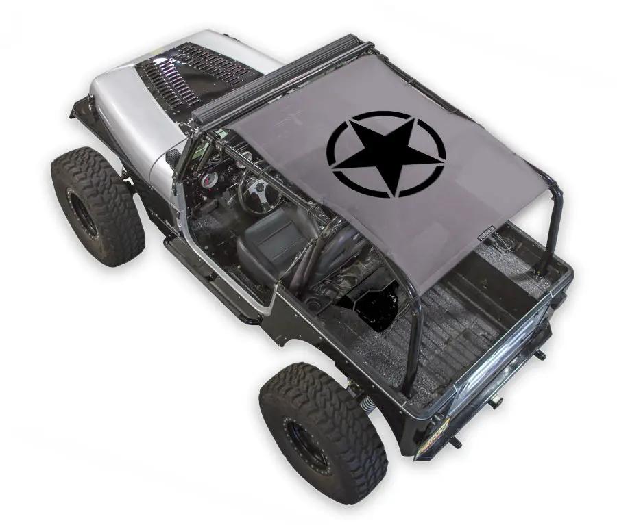 SPIDERWEBSHADE sun shade for Jeep Wrangler YJ (1987–1996) with printed gray top and black star logo