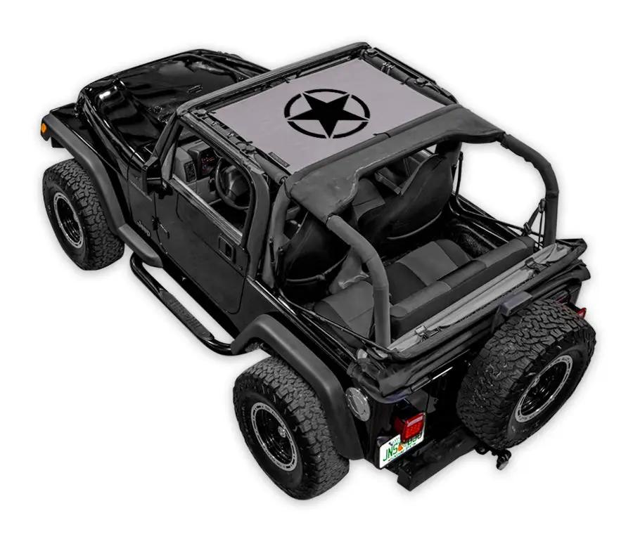 SPIDERWEBSHADE Sunshade for Jeep Wrangler TJ (1997–2006); printed gray shade top with black star logo