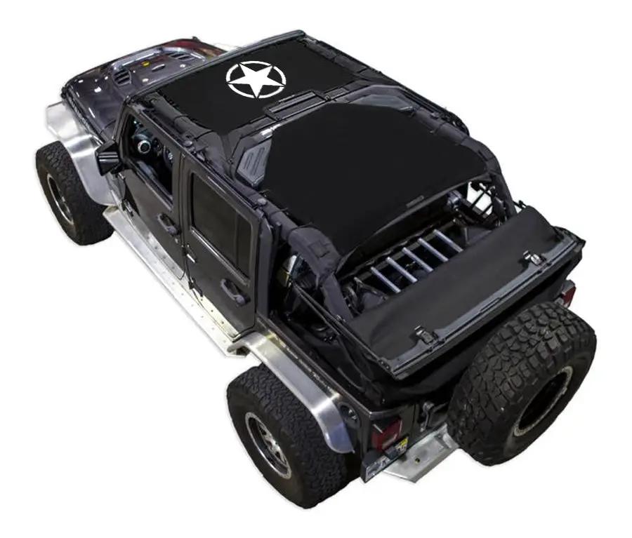 Sun shade top by SpiderWebShade for Jeep Wrangler JKU 4-Door (2007–2017); black shade fabric.
