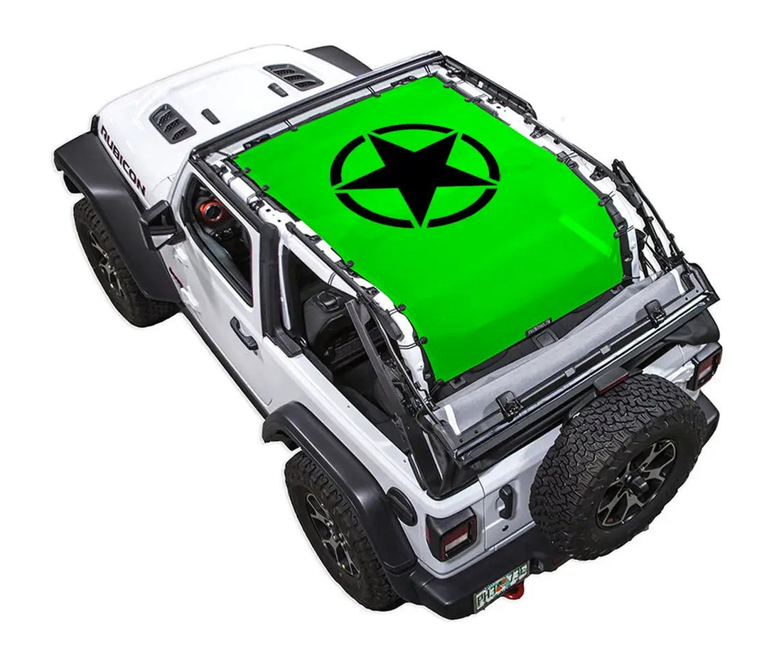 Sun shade for Jeep Wrangler JL 2-Door by SpiderWebShade; bright green top with black star emblem