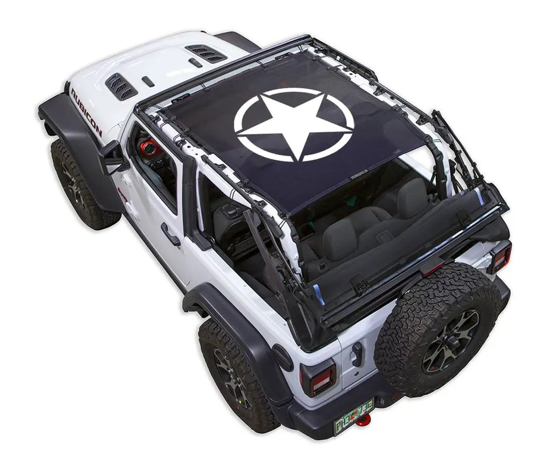 Sun shade for Jeep Wrangler JL 2-Door by SPIDERWEBSHADE; dark blue printed shade top with white star emblem