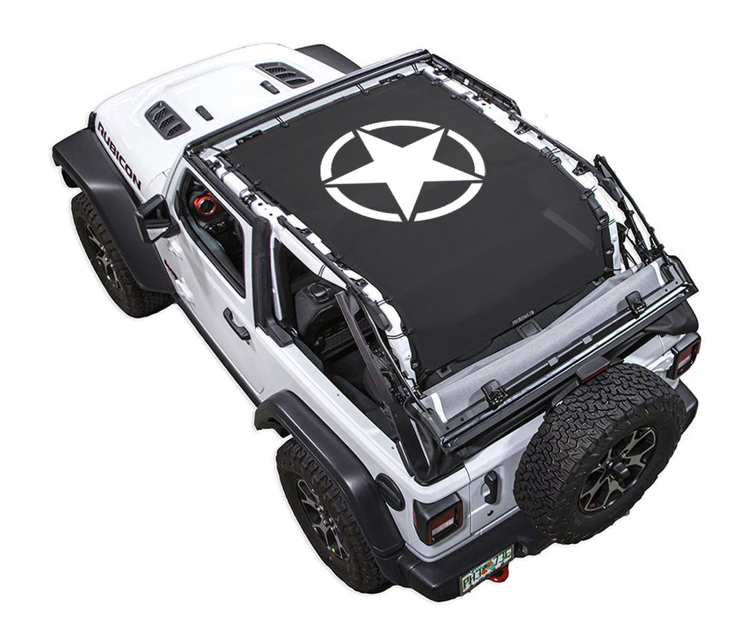 Sun shade top for Jeep Wrangler JL 2-Door by SPIDERWEBSHADE, stock printed black with white star logo