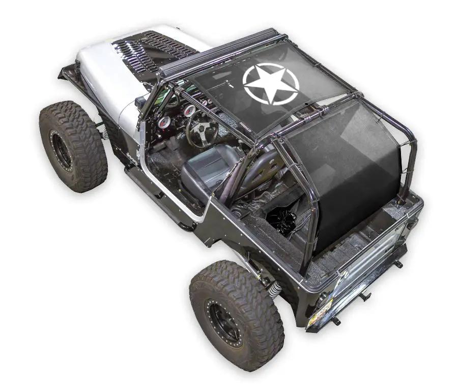 SpiderWebShade Sun Shade top for Jeep Wrangler YJ (1987–1996), black shade fabric with white star logo.