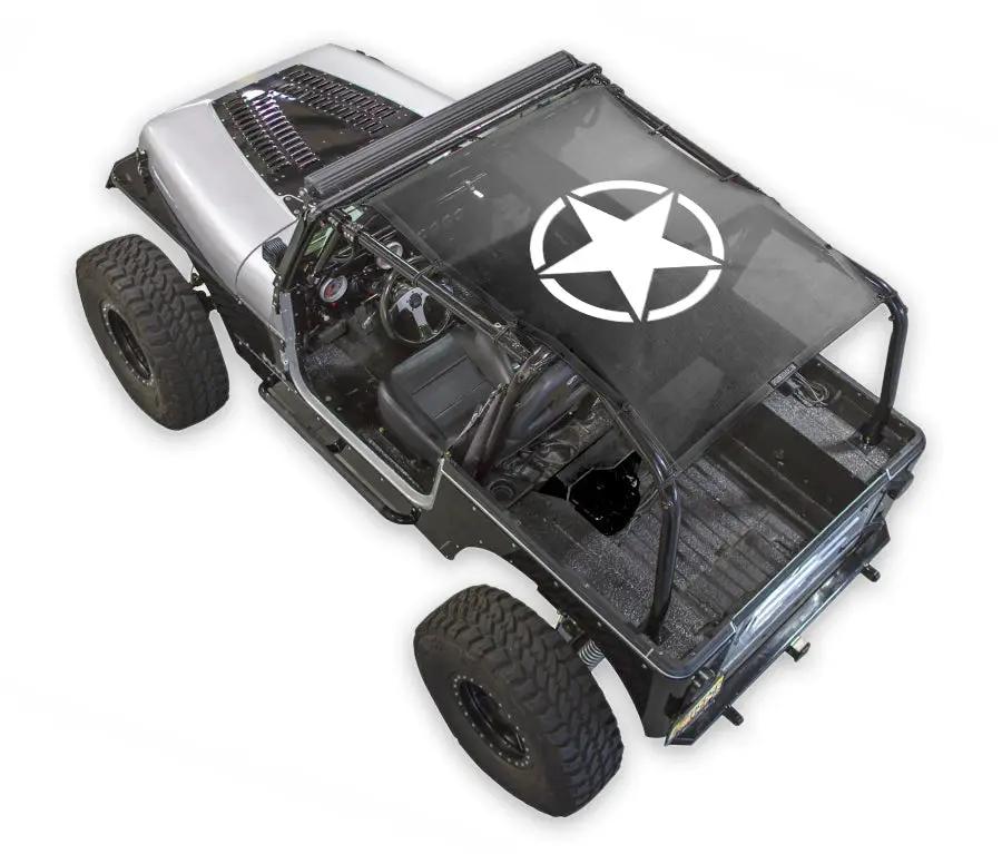 Sun shade for Jeep Wrangler YJ by SPIDERWEBSHADE with black mesh and white star logo