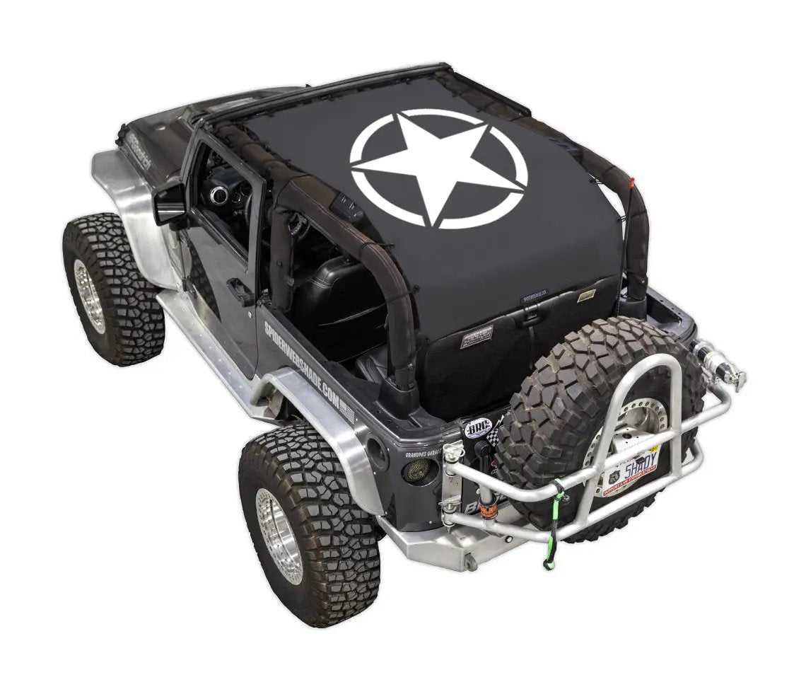 Sun shade top for Jeep Wrangler JK 2-Door by SpiderWebShade, stock printed gray star design.