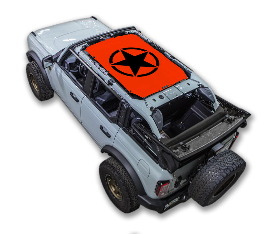 Sun Shade for Ford Bronco (2021–2026); orange stock-printed top with black star emblem.