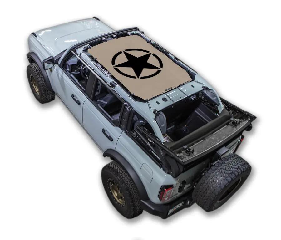 Sun shade top for Ford Bronco (2021–2026), tan printed shade with black star logo by SPIDERWEBSHADE