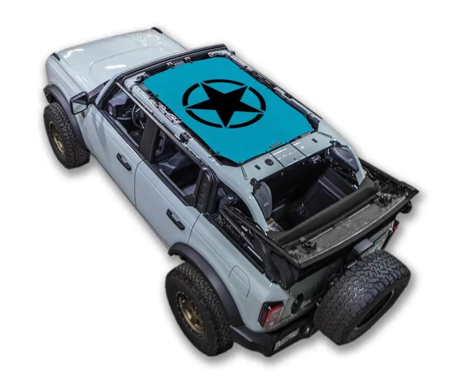 Sun Shade for Ford Bronco by SpiderWebShade; teal top with black star logo in circle