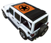Sun shade for Jeep Wrangler JLU Sky One Touch Power Top by SpiderWebShade; orange printed shade top with black star logo