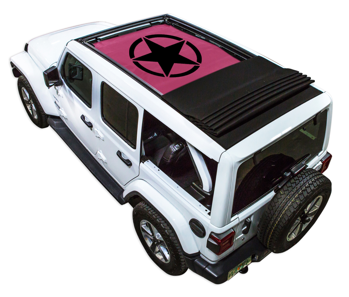 Sun shade for Jeep Wrangler JLU Sky One Touch Power Top; pink printed shade with black star logo