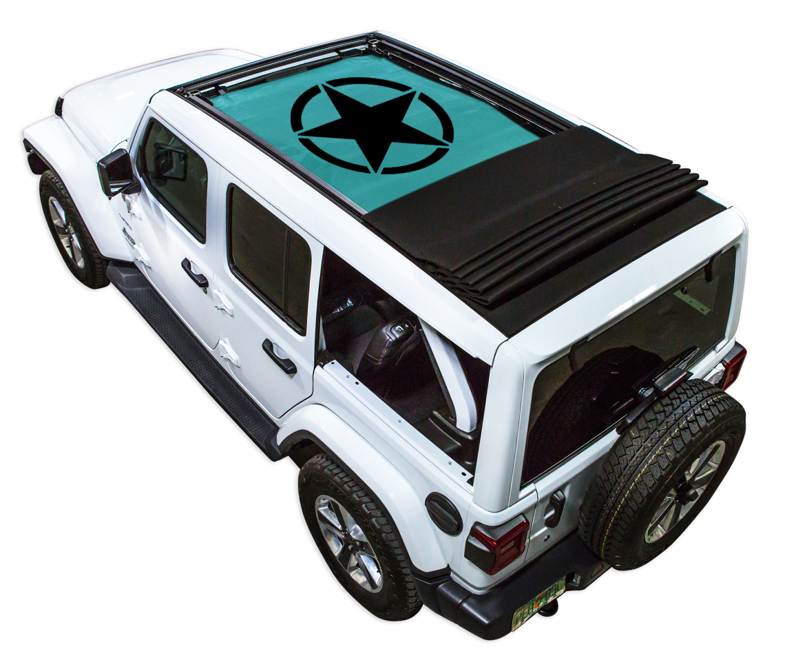 Sun shade for Jeep Wrangler JLU by SpiderWebShade, teal printed shade top on white 4-door SUV