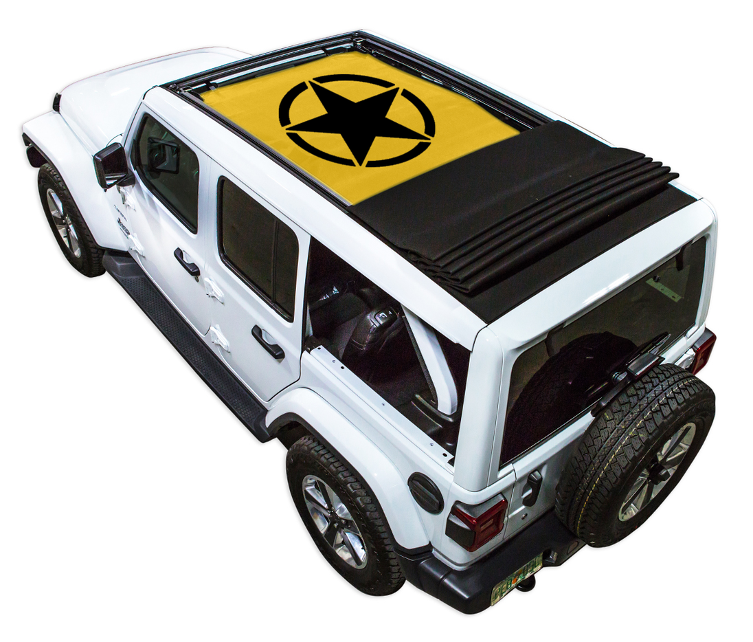 SpiderWebShade sun shade for Jeep Wrangler JLU Sky One Touch Power Top with yellow printed shade showing black star logo