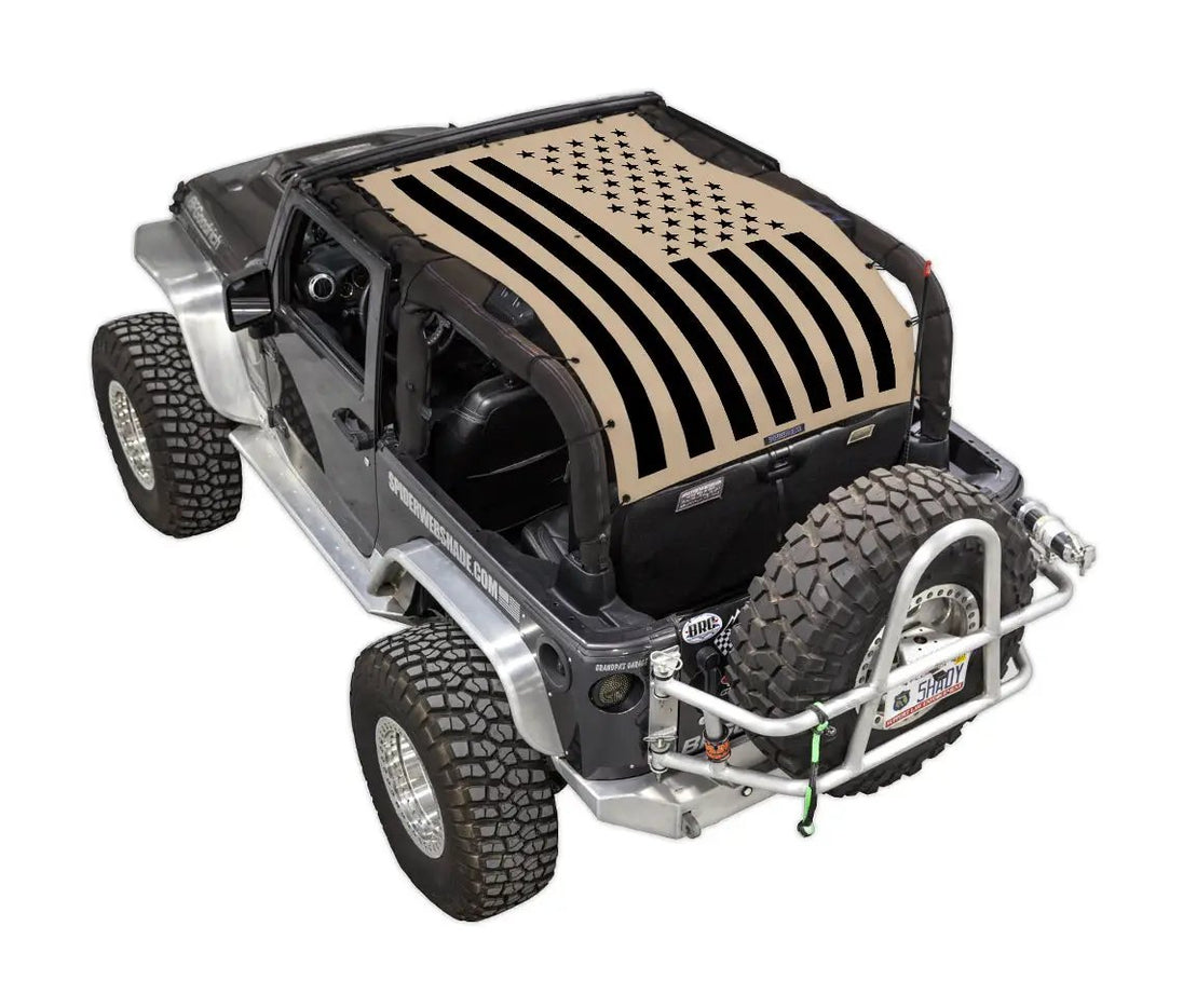 SPIDERWEBSHADE sun shade top for Jeep Wrangler JK 2-Door (2007–2017), beige with black American flag print