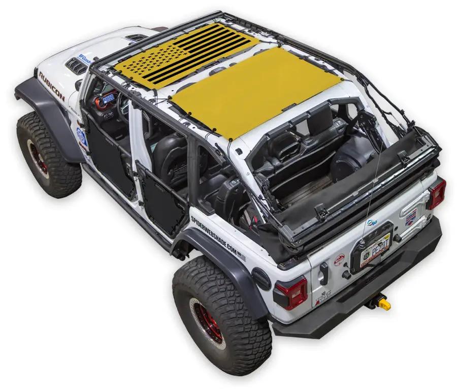 Sun Shade SpiderWebShade for Jeep Wrangler JLU 4-Door; stock printed yellow shade top on white Jeep.