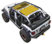 Sun Shade SpiderWebShade for Jeep Wrangler JLU 4-Door; stock printed yellow shade top on white Jeep.