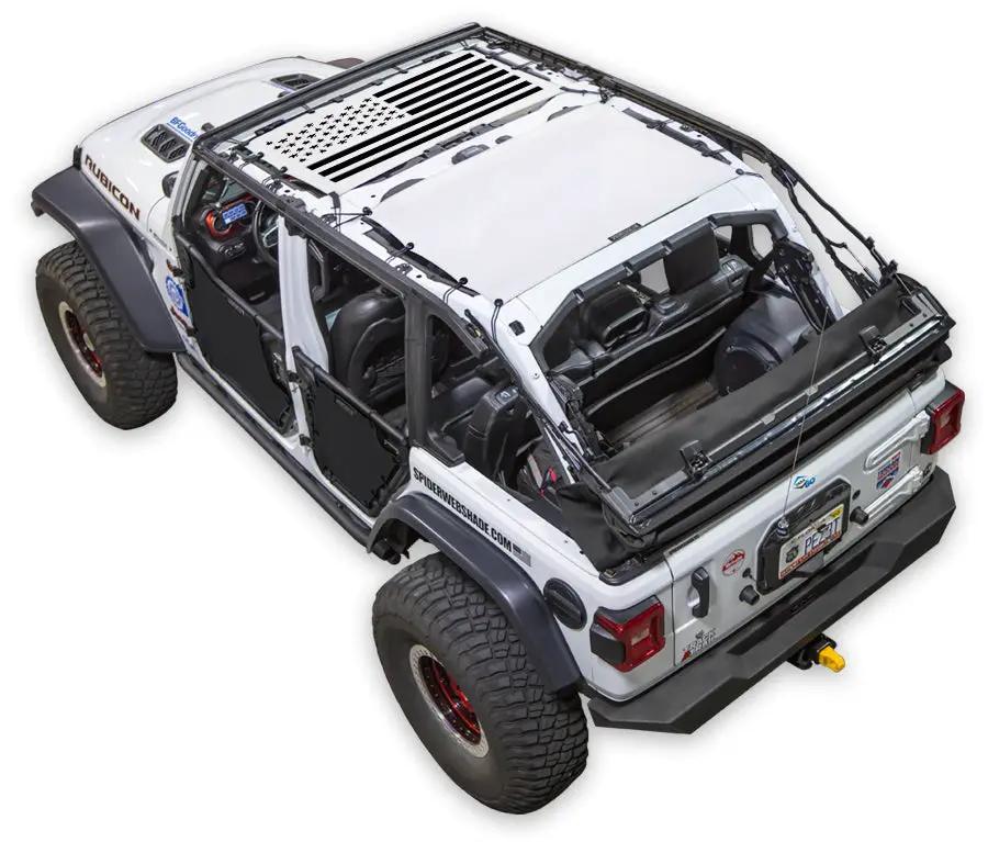 Sun shade top for Jeep Wrangler JLU 4-Door by SpiderWebShade; white Rubicon with printed shade top