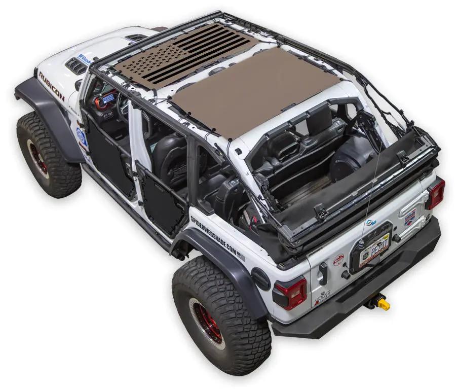 Sun shade for 2018–2026 Jeep Wrangler JLU 4-Door by SPIDERWEBSHADE; tan stock-printed shade top for Jeep use