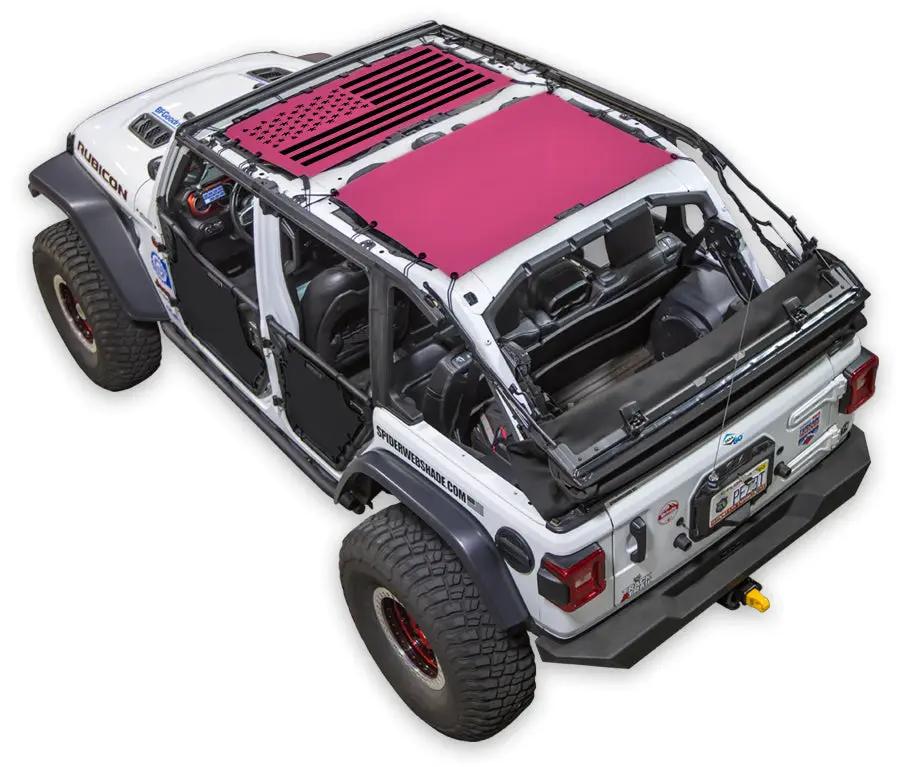 SpiderWebShade sun shade for Jeep Wrangler JLU 4-Door, pink roof panel visible