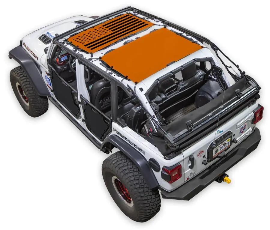 Sun shade for Jeep Wrangler JLU 4-Door by SPIDERWEBSHADE; orange stock-printed shade top.