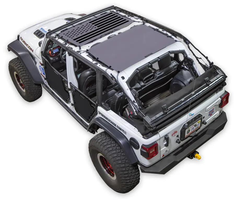 Sun Shade for Jeep Wrangler JLU 4-Door by SPIDERWEBSHADE, stock-printed shade top installed on white Wrangler