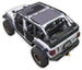 Sun Shade for Jeep Wrangler JLU 4-Door by SPIDERWEBSHADE, stock-printed shade top installed on white Wrangler